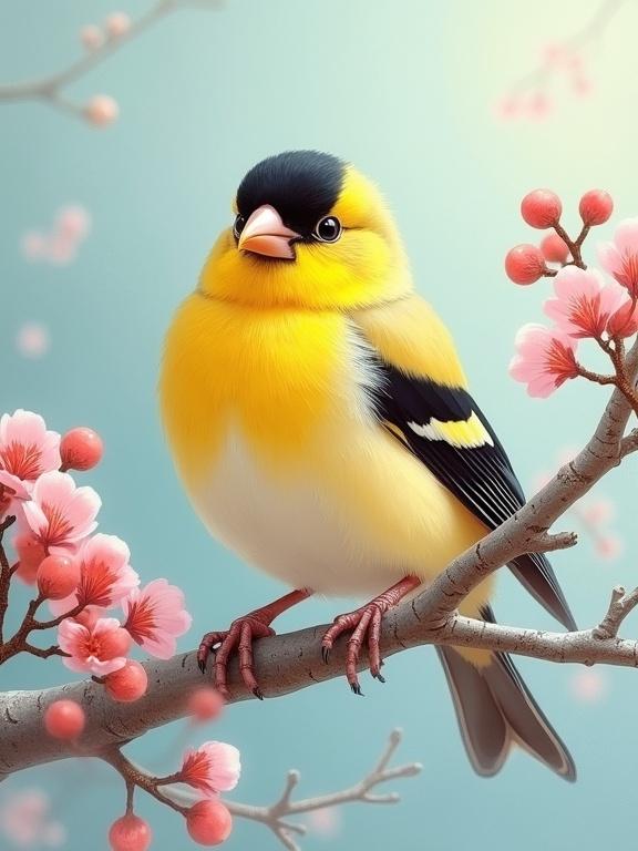 Detailed portrait of a gold finch on a branch against a pastel background. The finch is yellow, black and deep gold. Plumage shows individual feather detail. Its expression is serene and attentive. The finch gazes forward, relaxed and steady on a textured branch. Cherry blossoms surround the finch, creating a dreamlike atmosphere. The color palette includes soft pastels and warm tones. The lighting is soft, casting a glow across the finch. The style is impressionistic. The atmosphere is serene with an Asian-inspired ambiance.