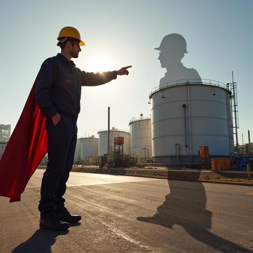 Operator at tank storage terminal wearing helmet and safety glasses. Dressed in coverall. Pointing in the distance. Shadow shaped like superhero. Sunlight creates a dramatic effect.
