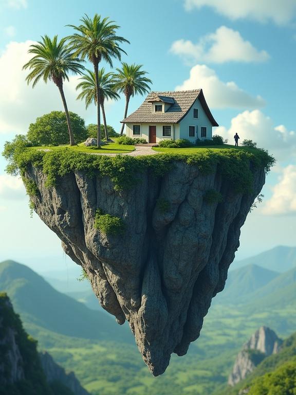 Surreal floating landmass with rocky hill. Elongated shape narrows at cliff. Dark gray and brownish rocks with green vegetation. Small charming house on top with sloped roof. Surrounded by tropical palm trees. Bright clear sky with few clouds. Person walking on pathway. Vast landscape in background creating height perception.