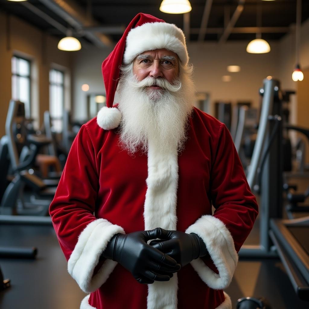 Photo realistic depiction of Santa Claus in a gym setting. Santa is dressed in traditional red attire and black gloves, standing confidently. The gym is well equipped with fitness equipment in the background.