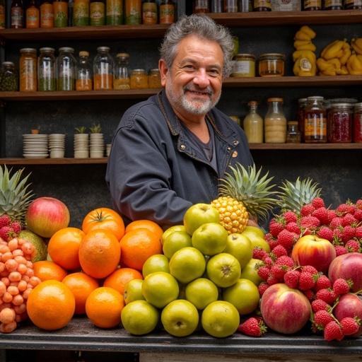 Vibrant and colorful fruit display in a grocery store with a smiling vendor. Fruits include oranges, apples, pears, and pineapples beautifully arranged. The vendor wears an apron and stands in front of the fruit showcase.