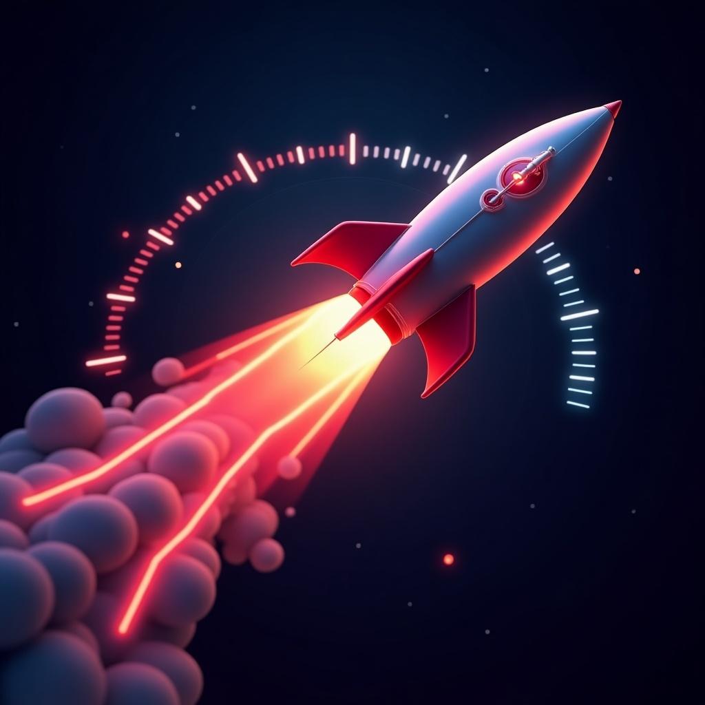 Dynamic glowing rocket streaking through space. Rocket is powerful with neon light trail. Background features high-speed gauge emphasizing fast performance.