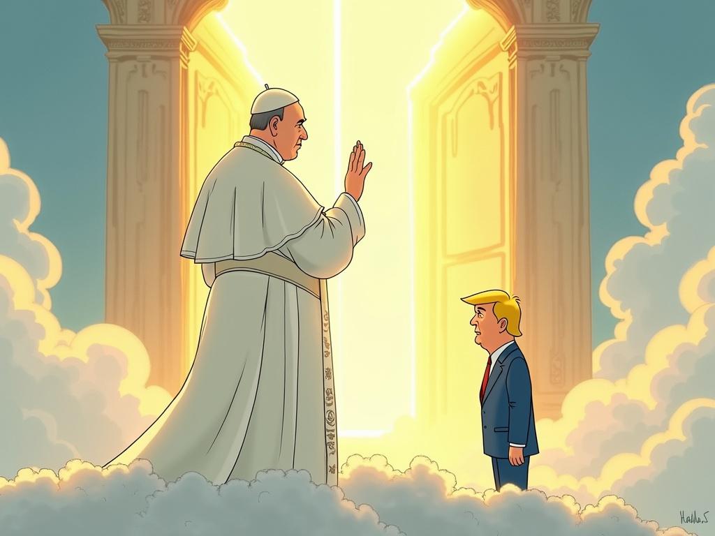 Cartoon style depiction of Pope Francis on a cloud at heaven's gates. Golden light and ancient gates behind him. Pope gestures with compassion while Donald Trump stands before him in a blue suit. The scene evokes themes of justice and authority.