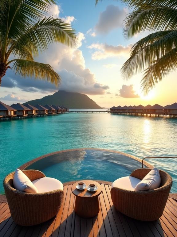 Stunning view of a lagoon at sunrise or sunset. Calm water with blue and green hues reflecting the sky. Overwater bungalows visible in the distance. Wooden walkway extends over the turquoise water. Sky features blues, oranges, and yellows with fluffy clouds. Mountain in the background creates silhouette. Wooden deck leads to a semi-circular infinity pool. Two wicker chairs with cushions and coffee cups on a table. Framed by palm trees, scene radiates tranquility and luxury.