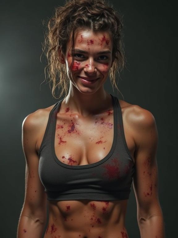 Realistic athletic female MMA fighter with untidy hairstyle. Body has bloody smudges and bruises. Expression is smiling despite exhaustion. Full body captured.
