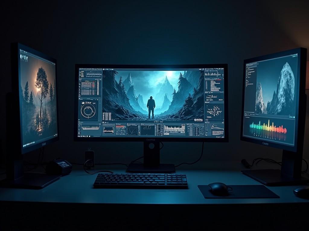 The image shows a modern computer setup featuring three monitors. One screen displays a dramatic mountain landscape with a lone figure. The other two screens showcase various data and graphics, emphasizing a tech-oriented workspace. The background is dimly lit, enhancing the glow from the monitor screens. This environment creates a sense of immersion in technology and digital creativity.