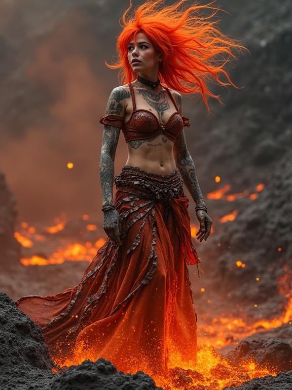 A dancer with fiery red hair sways with volcanic energy in a landscape of flowing magma. Skin features tattoos resembling melting rock. Wears a unique outfit made of metal scales and charred fabric. The backdrop shows magma flowing around her. The scene conveys power, beauty, and a bond with nature.