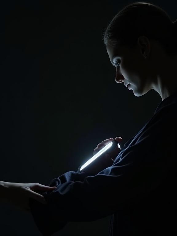 Cinematic 4K video in 3:4 ratio featuring a woman in a dark silk dress. Pitch-black scene with chiaroscuro lighting. She presses a sleek, white metal scanner against her sleeve. The fabric indents under the scanner. The sharp light highlights the cool metal, her hand, and her profile, with the rest in shadow.