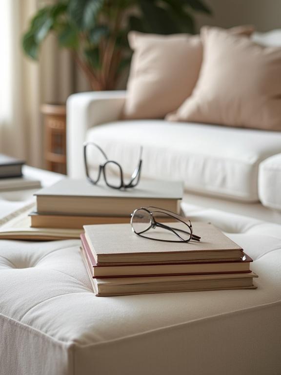 Close-up shot of a coffee table featuring books and reading glasses. The scene includes a plush white sofa with beige pillows. Soft lighting creates a luxurious ambiance, highlighting textures and colors.