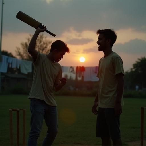 Children are playing cricket in the evening. Joyful moments of two young men after winning. Close-up shots capture their emotions. Nighttime atmosphere with soft lighting. One boy holds a bat while the other stands next to the wickets on the grass. Clothes hang on the line. They wear simple t-shirts and shorts. The sun sets in the background.