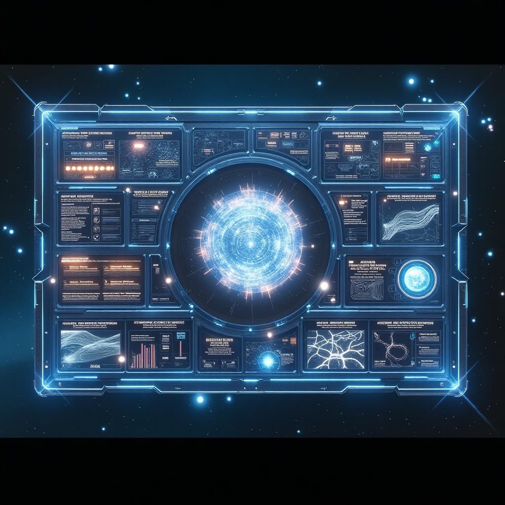 A hyper-realistic, intricately layered holographic control interface. Interface shows core metrics and interactive elements for Q-Life Healing Mod v6.0. Features cinematic lighting, quantum patterns, glowing energy flows, and a deep space background. Central graphics illustrate system interactions within a complex, dynamic setup.
