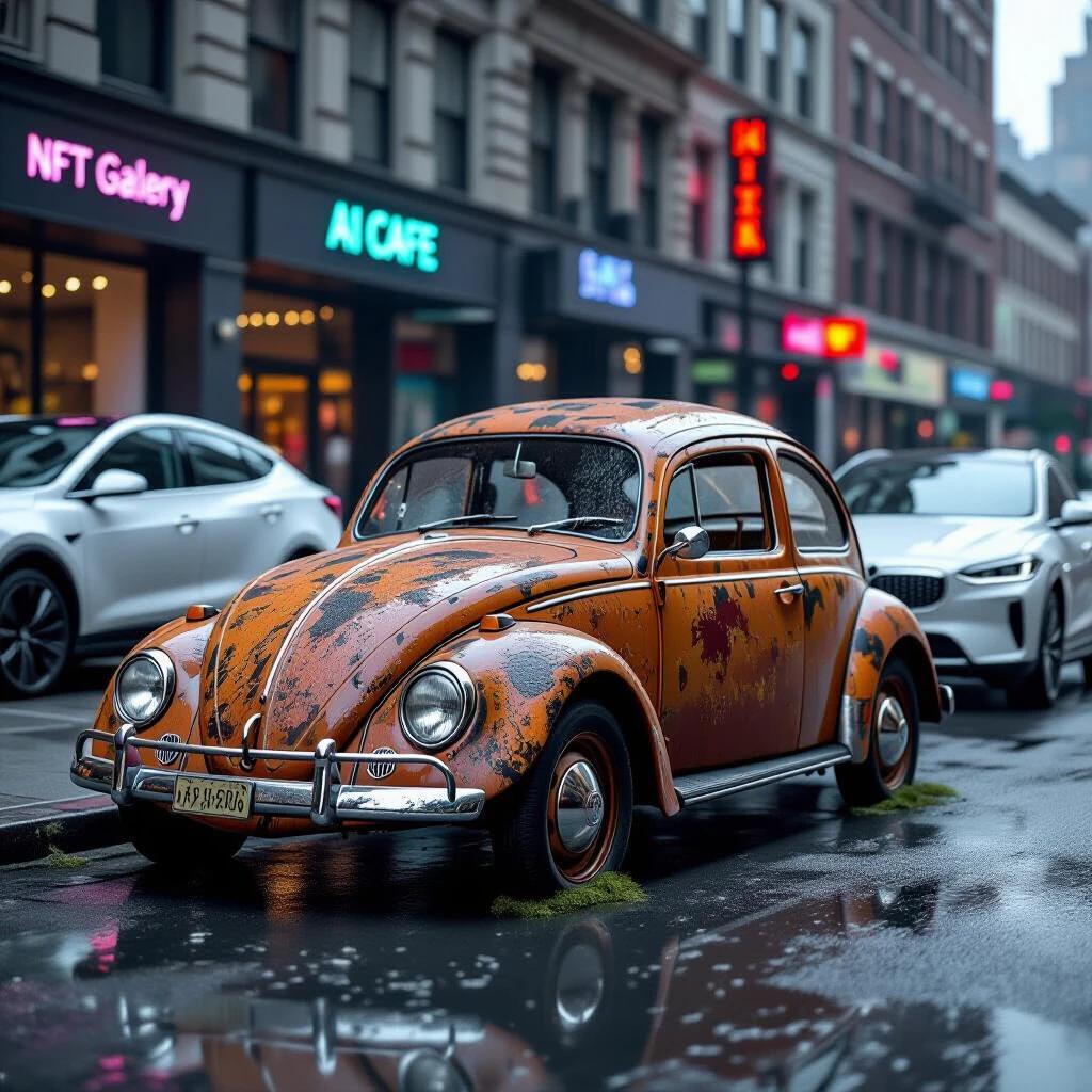 A 1941 Volkswagen Beetle parked on the street. The Beetle has a heavily rusted body with corrosion, holes, and cracked windows. Moss is growing in the wheel wells. The Beetle is parked between shiny modern cars like a Tesla Cybertruck and a BMW iX. It is raining in downtown. The rain-soaked asphalt reflects neon signs. There are skyscrapers in the background with holographic advertisements. The scene is at night with cinematic lighting and a shallow depth of field.
