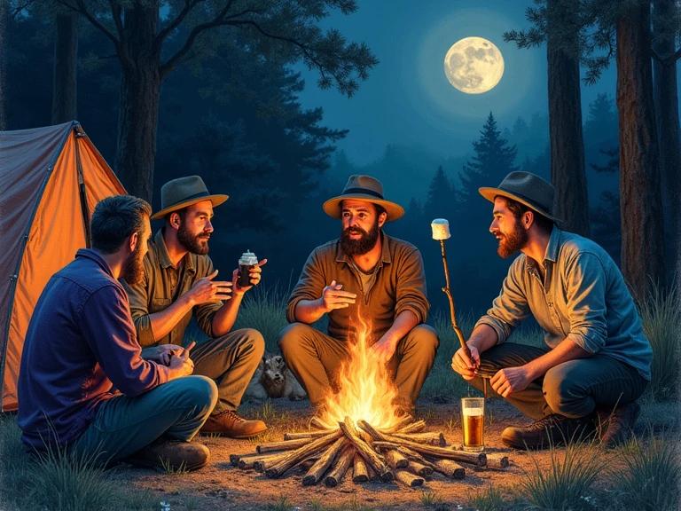 Nighttime scene around a campfire with four people and a tent in the background. One person roasts a marshmallow on a crooked stick. Another smokes a joint. A third gestures while telling a story. The fourth drinks a beer. A deer lurks in the shadows.