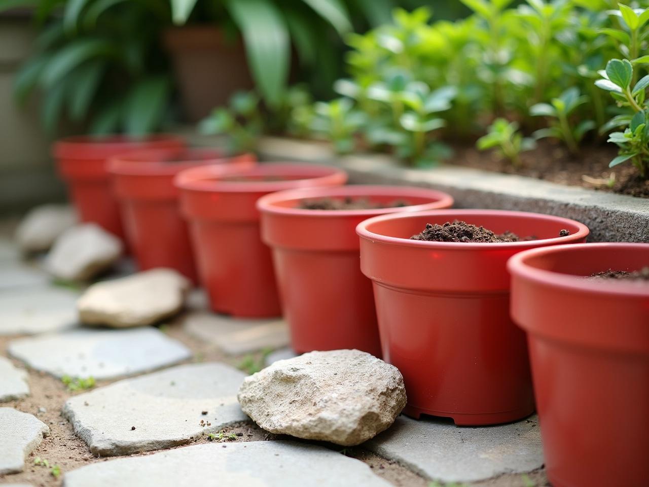 The image shows a garden area with a neatly arranged row of red pots. Each pot is empty or has some soil in it, indicating they might be ready for planting. The ground is paved with stones, and there are some green plants in the background, adding a touch of nature to the scene. There are a few larger stones placed beside the rows of pots, possibly for supportive or decorative purposes. The overall atmosphere is calm and serene, likely highlighting a well-maintained gardening space.