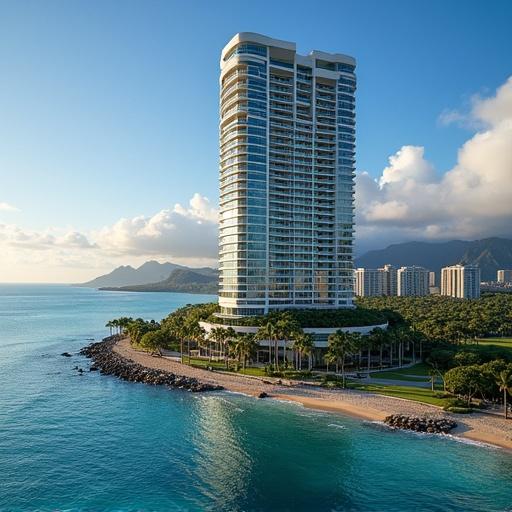 A high-rise building named Trump Tower overlooking the coast of Hawaii. The building is tall and modern, surrounded by palm trees and sandy beach.