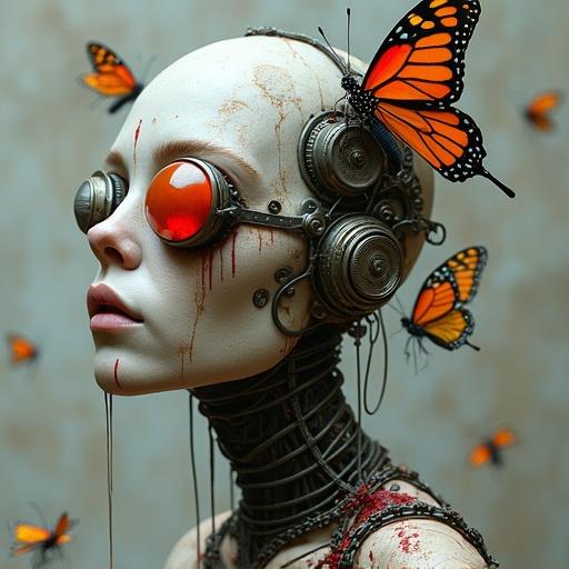 Surreal biomechanical portrait with distorted face. Combination of organic and mechanical elements. Pale skin, intricate wires and gears. Large red-orange mechanical eye with reflection. Butterflies with vibrant orange and blue wings. Red streaks and drips. Muted textured grey background.