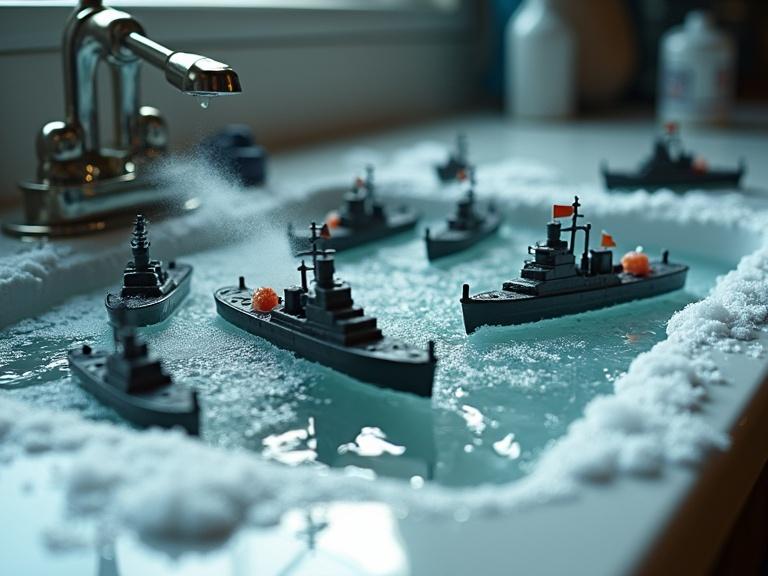 Photorealistic miniature naval battle in a kitchen sink. Miniature warships engage in combat with soap suds and water ripples. Tiny cannons made of toothpicks create smoke. Submerged submarines cast shadows. Dramatic lighting emphasizes realism and contrasts. Perspective is low to showcase the battle.
