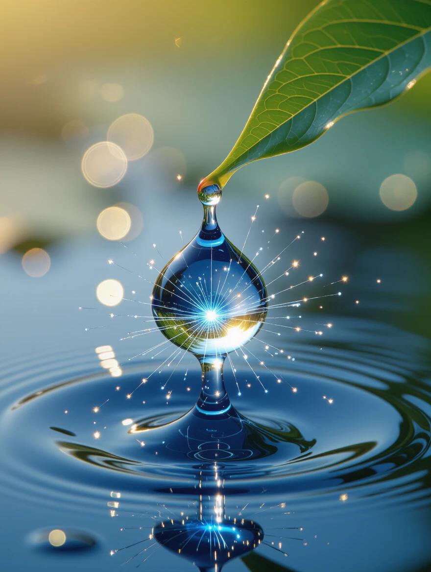 Close-up image captures separation of a water droplet from a lotus leaf. Thin transparent filament stretches underneath. Blue light core explodes with intense light. Golden patterns cover surface of the droplet. Cinematic macro photography style blends realism and fantasy.