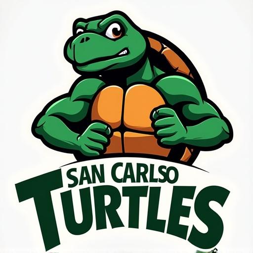 Logo design for a basketball team named San Carlos Turtles. Features a muscular turtle character with an orange shell and strong arms. Typography for San Carlos Turtles included below the character in bold letters.