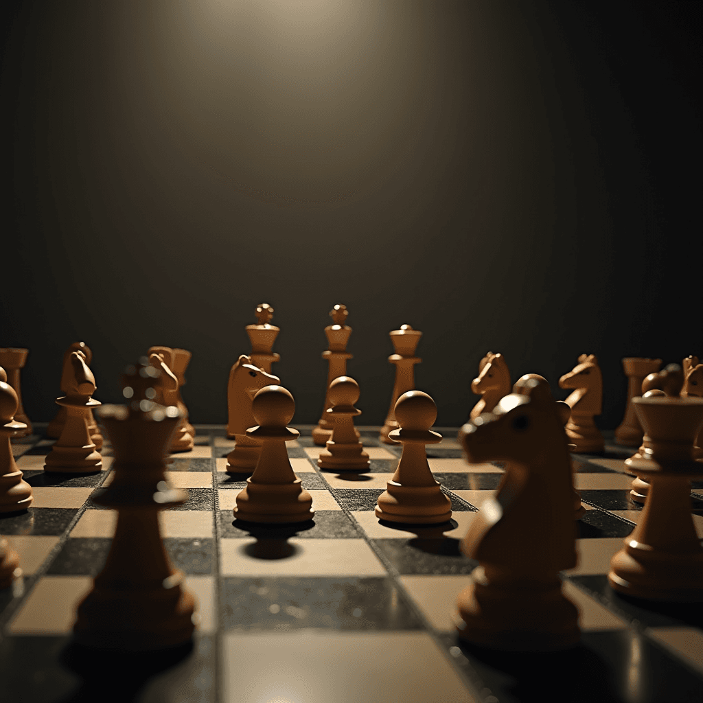 A dramatic close-up of a chess board with wooden pieces under spotlight, casting deep shadows.