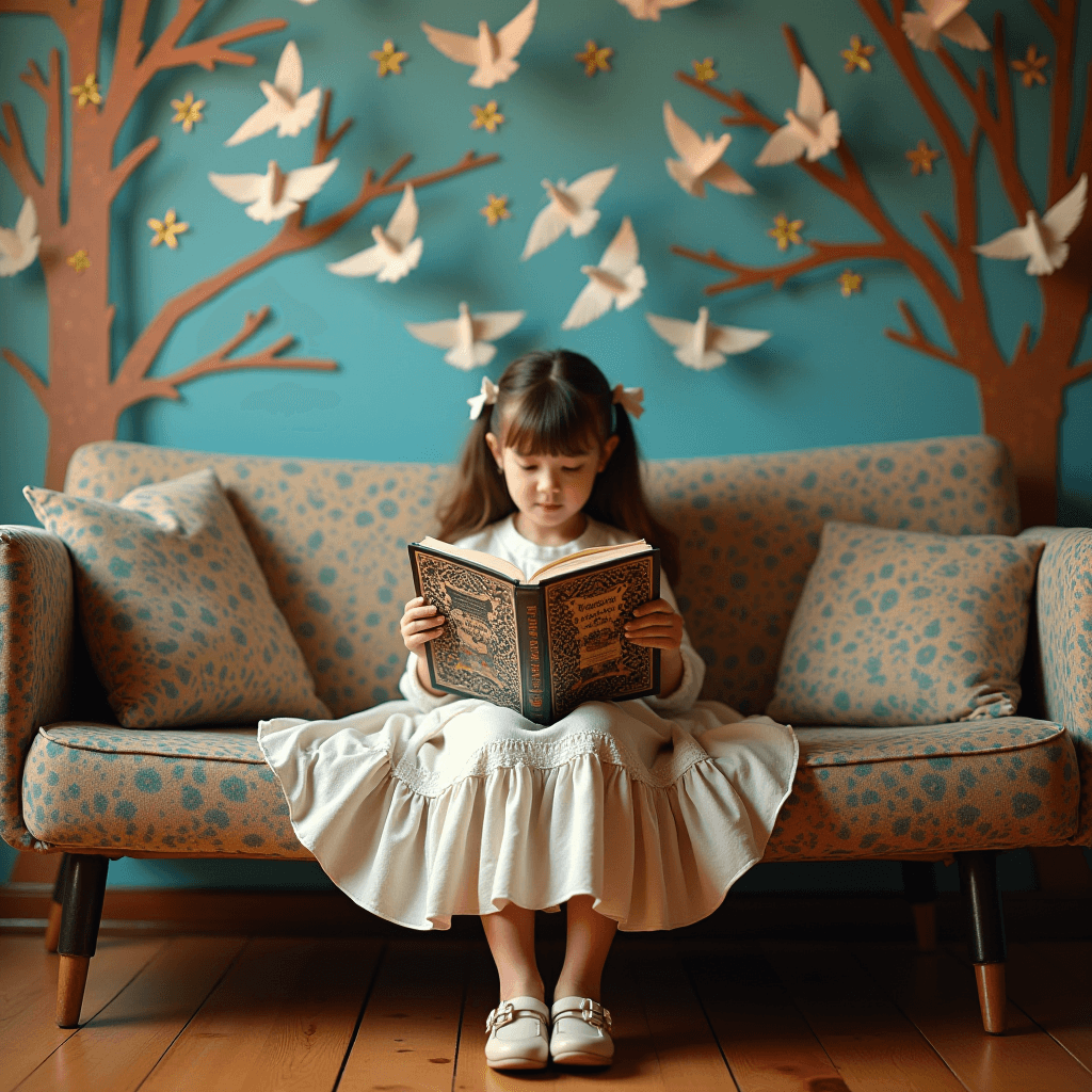 A young girl in a white dress reads a book on a patterned sofa, surrounded by decorative trees and paper birds on a teal wall.