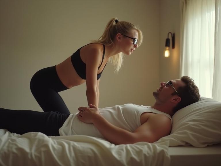 Scene set in a modern American bedroom. A woman with a ponytail wearing leggings and a sports bra leans close to a man lying on the bed. The setting is intimate and relaxed, creating a sense of connection. Photorealistic style captures the moment perfectly.