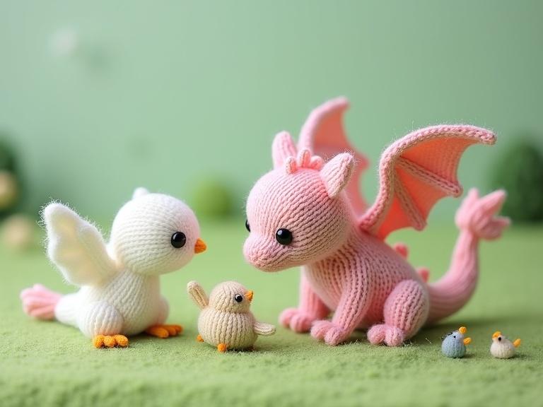 Three-dimensional stylized knitted image. A white knitted bird and a light pink dragon with soft wings in a green felt clearing. The dragon looks gently at a little bird between its paws. Other knitted birds show interest in the dragon.