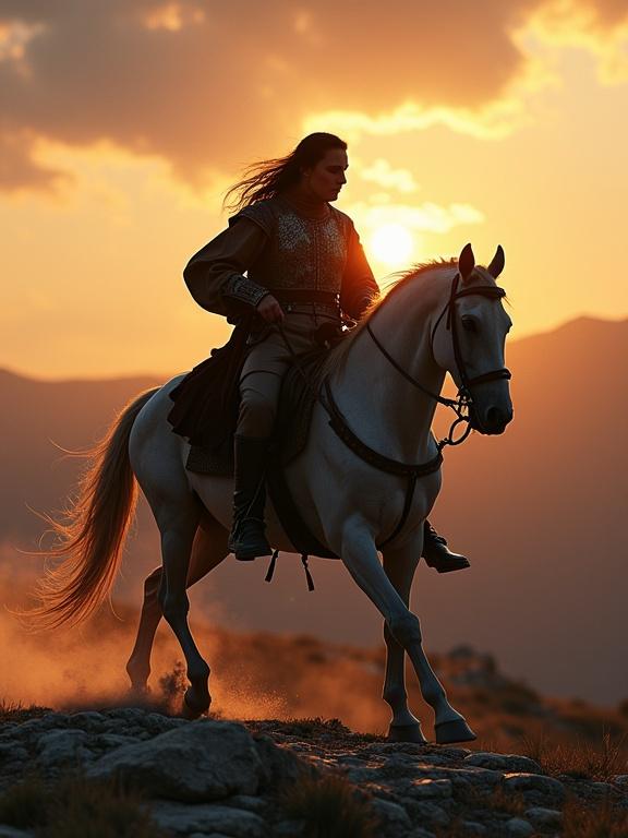 A photorealistic warrior centaur captured in full figure on rocky terrain at sunset. Decorated armor with a flowing cloak. Horse body is powerful and tense. Dramatic lighting with strong contrasts between warm sunset and deep shadows. Background shows an epic landscape with mountains and cloudy sky. Dynamic and cinematic composition.