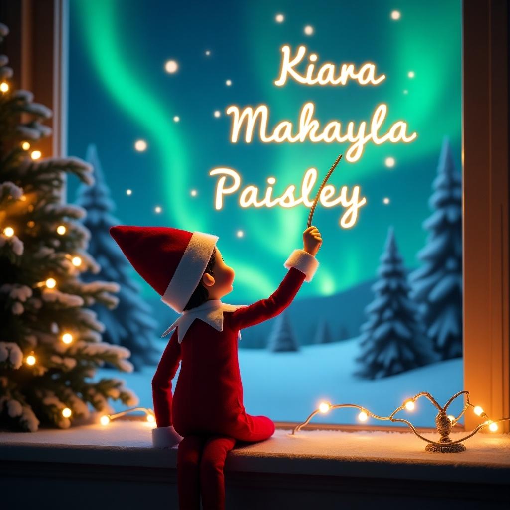 An enchanting Christmas scene features an elf on the shelf who is turned away from us. Dressed in vibrant red and white, the elf holds a magic wand and is writing names in the air: 'Kiara', 'Makayla', and 'Paisley'. The backdrop showcases stunning northern lights, enhancing the magical atmosphere. String lights around the elf create a warm glow, reflecting the joy of the holiday season. This scene embodies whimsy and excitement, making it perfect for capturing the essence of Christmas.