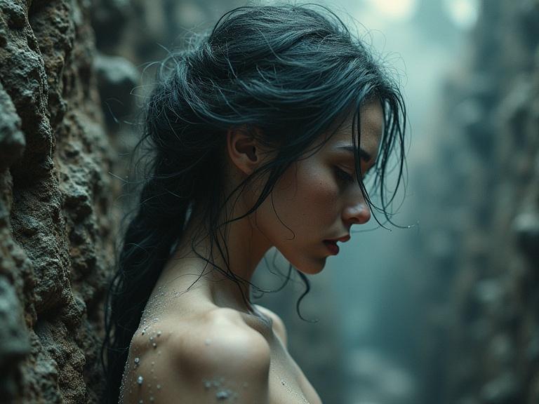 A young woman in profile in an intricate and textured environment. The scene blends dreamlike and sci-fi aesthetics. The atmosphere appears disorienting and moving, with breathtaking sharpness.