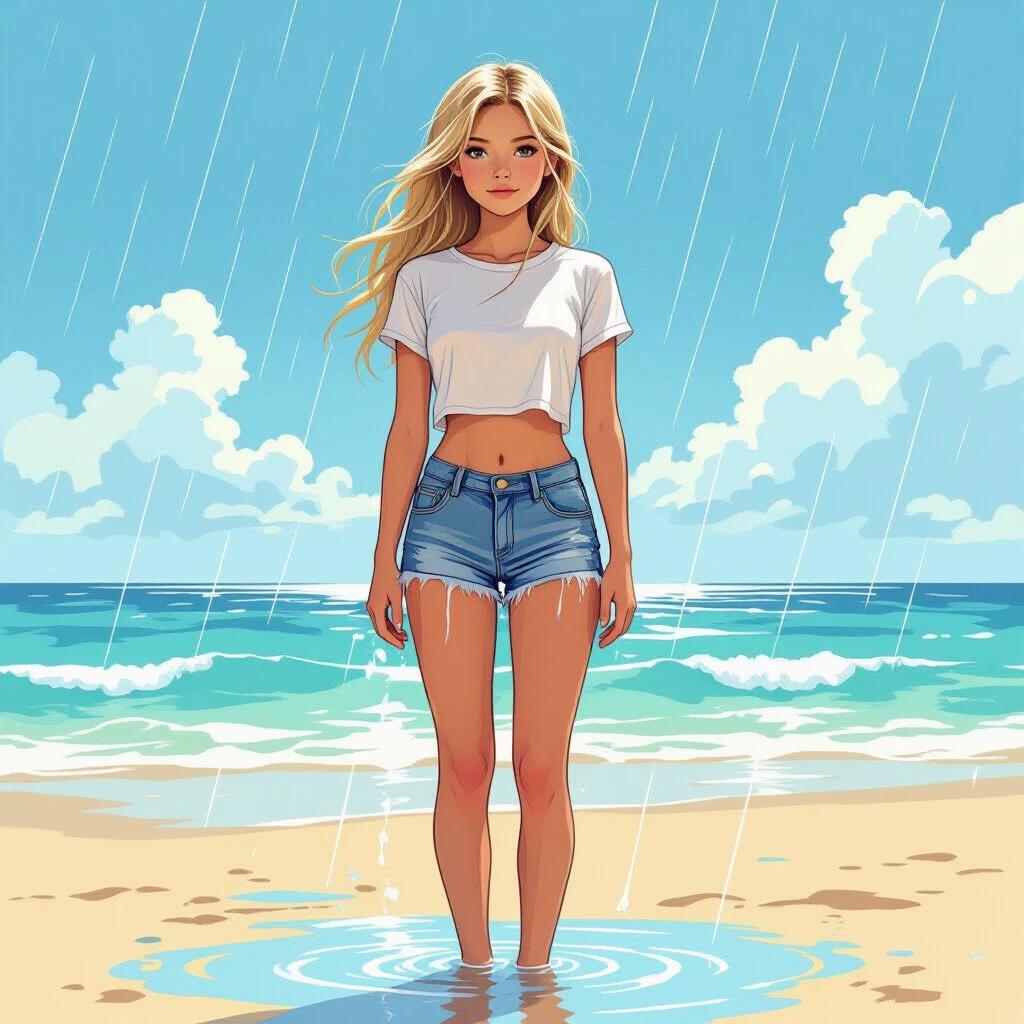 A girl stands in warm summer rain on the beach. She has long blonde hair. She wears a white cropped t-shirt and frayed blue denim shorts. Her clothing is wet. She stands barefoot in a small puddle.