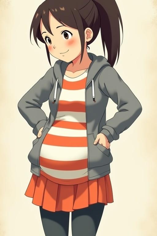 Anime-style character illustration of a pregnant girl with a ponytail in a gray hoodie. Character wears an orange and white striped t-shirt and a mini-skirt. She has leggings on and has her hands on her back, suggesting discomfort.