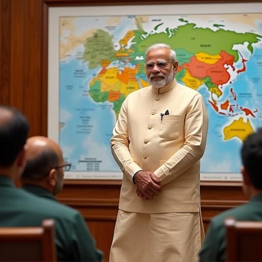 Indian Prime Minister Narendra Modi stands in the Prime Minister's Office. He wears traditional Indian clothing. Meeting with defense ministers and military strategists. Discussing India's security concerns and military preparedness. Maps and reports displayed. Planning defense capabilities enhancement.