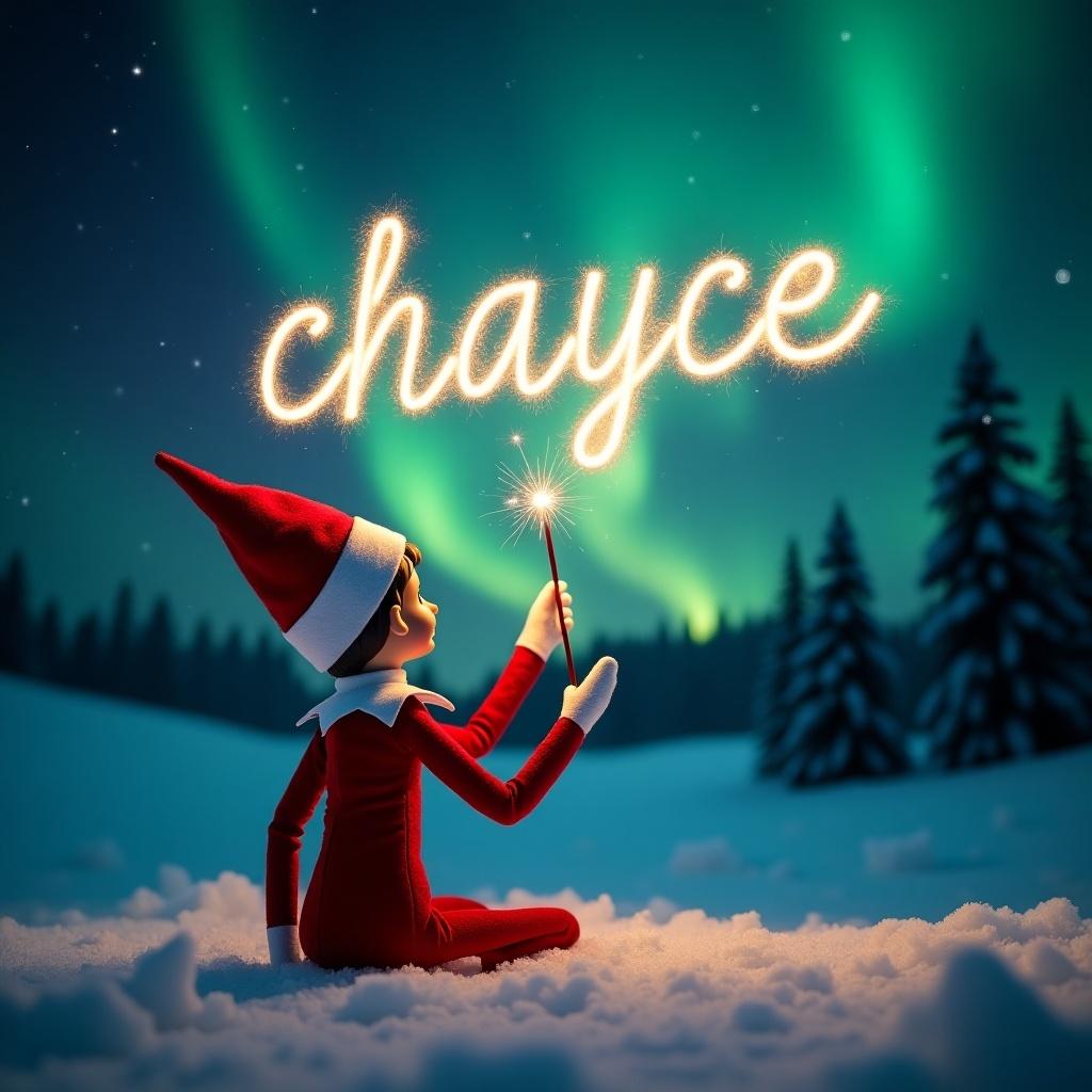 An elf in a red outfit sits on a snowy ground. The elf faces a dark sky with northern lights. A magic wand is held to write the name chayce in sparkling letters. The scene conveys holiday wonder and joy.