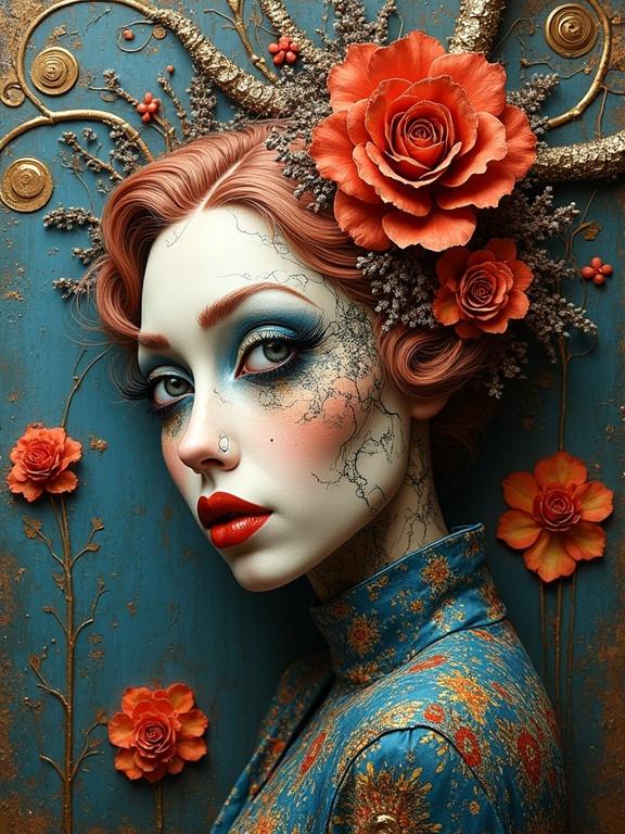 A 3D artwork blends multiple layers and intricate designs. The subject shows a woman with floral elements in her hair. Details include a whimsical style with a mixture of hues and textures.