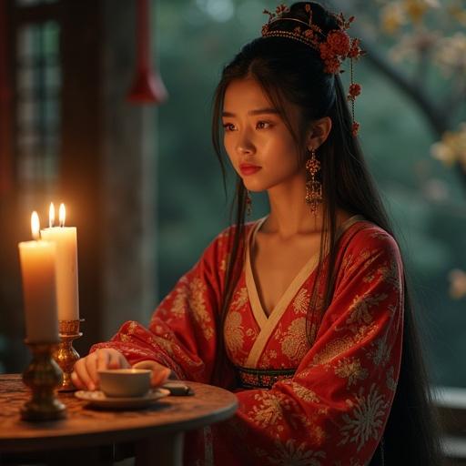 A retired wizard sits in a magical mountain retreat. A graceful woman stands beside him. Her skin is flawless and her hair flows with magical ornaments. Her hanfu shimmers with enchanted embroidery and glows faintly with ancient runes. She possesses quiet power. The atmosphere is enchanting with candle-lit lighting.