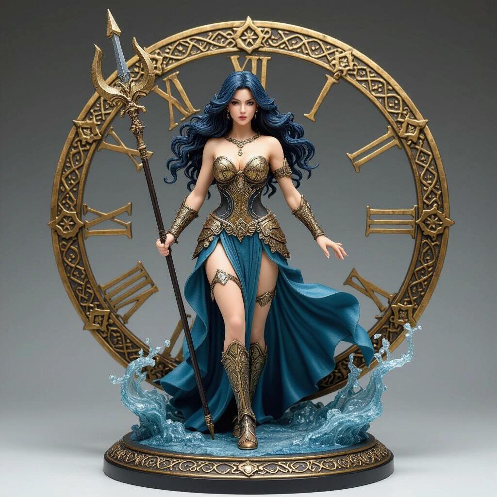 Ultra detailed resin statue representing the Aquarius zodiac sign. Depicts a warrior with sensual features. Statue showcases intricate armor and flowing clothing. Water elements around the base. Classic and elegant design with a mythical theme.