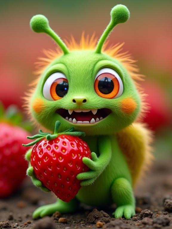 A whimsical creature is showcased. It loves strawberries. The being has a fuzzy green body and expressive eyes. It holds a bright red strawberry. The background shows strawberry fields. The character appears mischievous and playful.