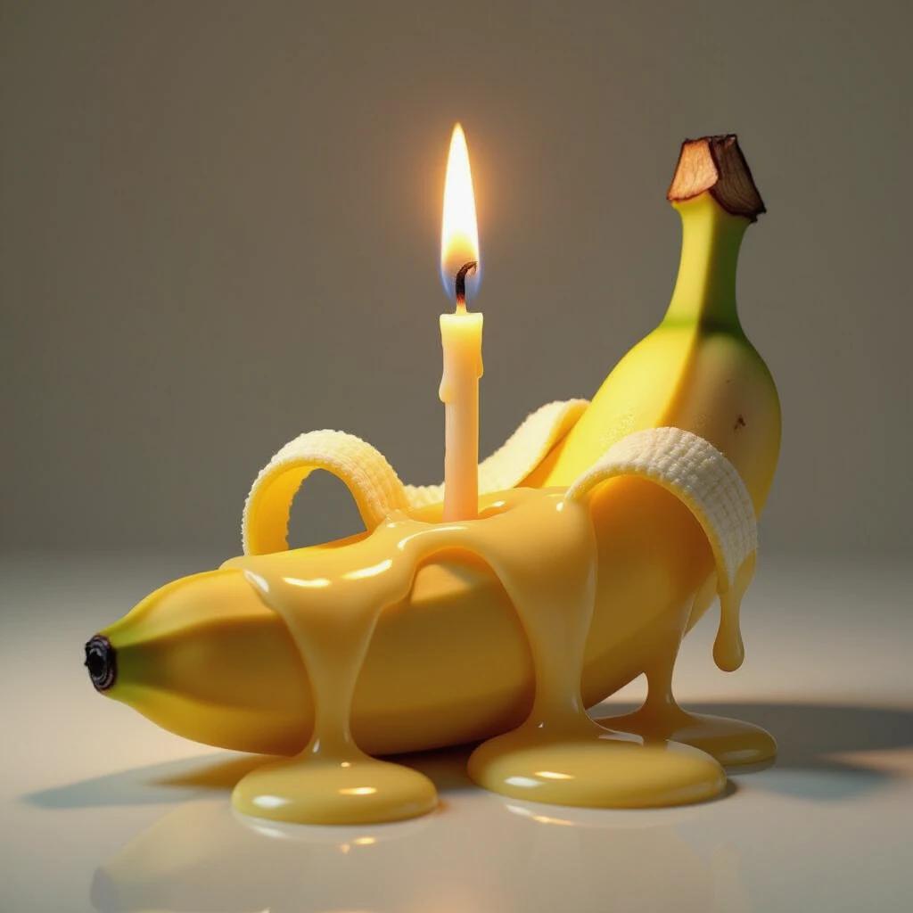 A surreal banana with a burning candle wick inside. The banana's peel drips like molten wax. The glowing candle contrasts with the soft organic form of the banana. A highly surreal visual combining food and light.