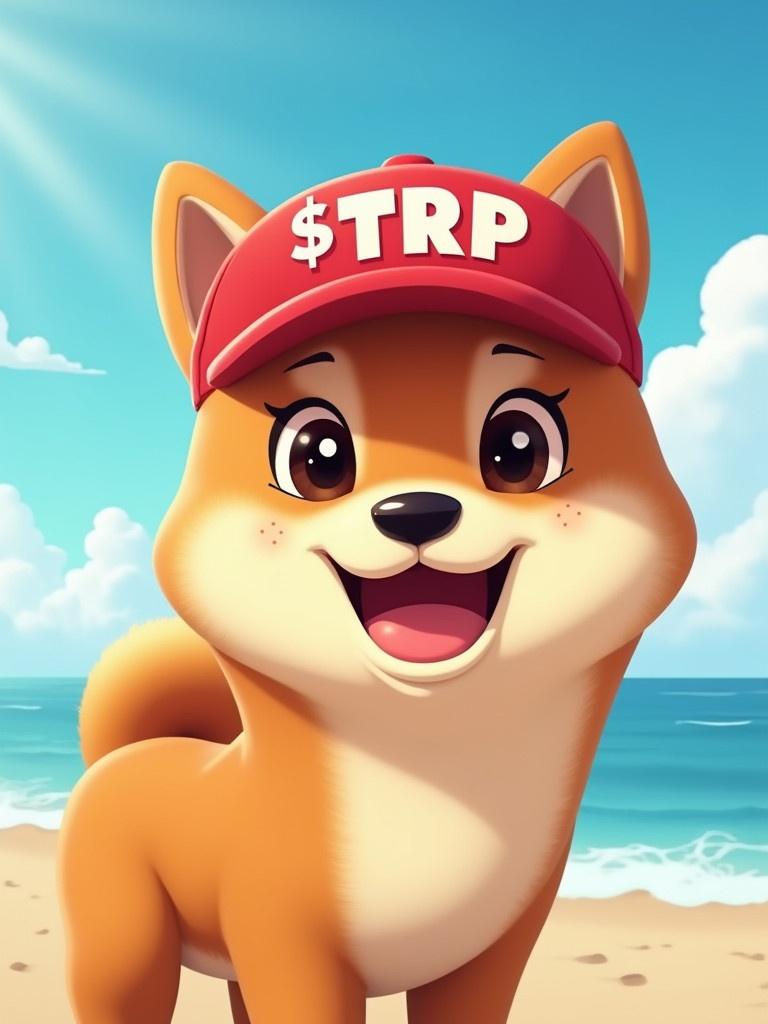 A cartoon Shiba dog is wearing a bright red baseball cap with $TRP written on it. The dog is joyfully cruising at the beach, enjoying the sunny environment. The animation conveys a playful and cheerful atmosphere.