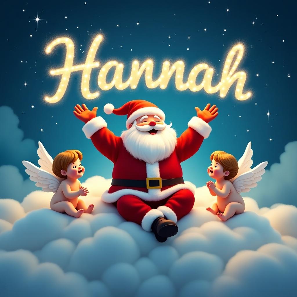 Santa Claus sits on a fluffy cloud. Baby angels surround him. He joyfully writes 'Hannah' in sparkling light. Deep blue sky with soft clouds creates a magical scene.