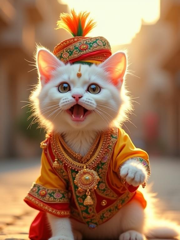 Small white smiling cat in center of image dressed as Indian groom. Cat has large light gray eyes and joyful expression. Fur is soft and fluffy. Wears gold necklace and ornate sherwani in bright colors. Turban with feather on head. Background is blurred suggesting outdoor ceremony in daylight. Bright golden lighting enhances outfit colors. Whimsical and artistic style with slightly tilted angle.