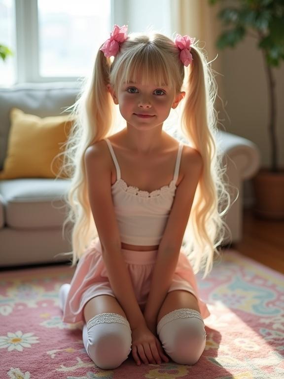 A young girl with long blonde hair styled in twin tails sits kneeling on a colorful rug in a cozy living room. She wears a crop top and a short pale pink skirt, complemented by thigh-high socks and black shoes. The room is softly lit, creating a warm atmosphere.