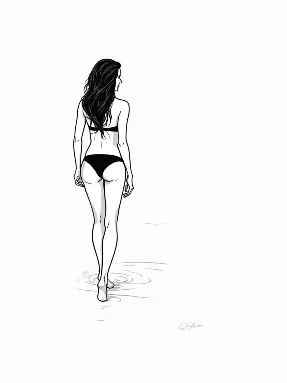 Vector illustration featuring a woman wearing a bikini. The image is outlined in black and white. The woman is depicted from a rear view, walking away from the viewer into shallow water. The focus is on her silhouette with water ripples beneath her feet.