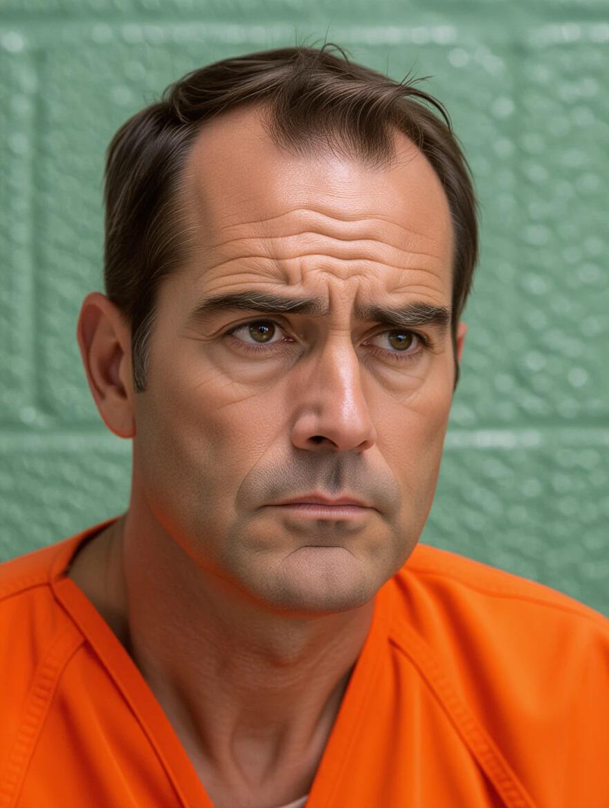 A middle-aged man with thinning brown hair looks intensely to his left. He has a serious expression with furrowed brows. The man wears an orange prison uniform in a drab institutional setting. The background is muted with a textured wall. Lighting highlights his facial features and uniform texture. Focus on his upper body and face conveys tension.