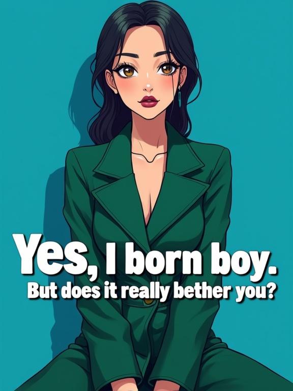 Anime-style illustration featuring a 20-year-old woman in center of deep blue background. Character has expressive eyes and refined anime features. She wears an emerald green coat and gazes forward with a neutral expression, dramatic makeup, and bold eyeliner. Text in white reads 'Yes, I born boy. But does it really bother you?'