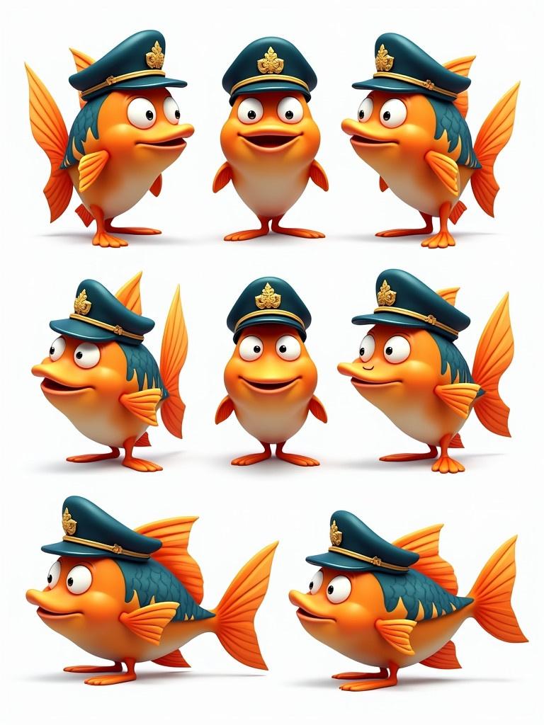 Cartoon representation of an army fish in green uniform. The fish has playful orange features and colorful details. The character looks dopey and whimsical. Suitable for children's content.