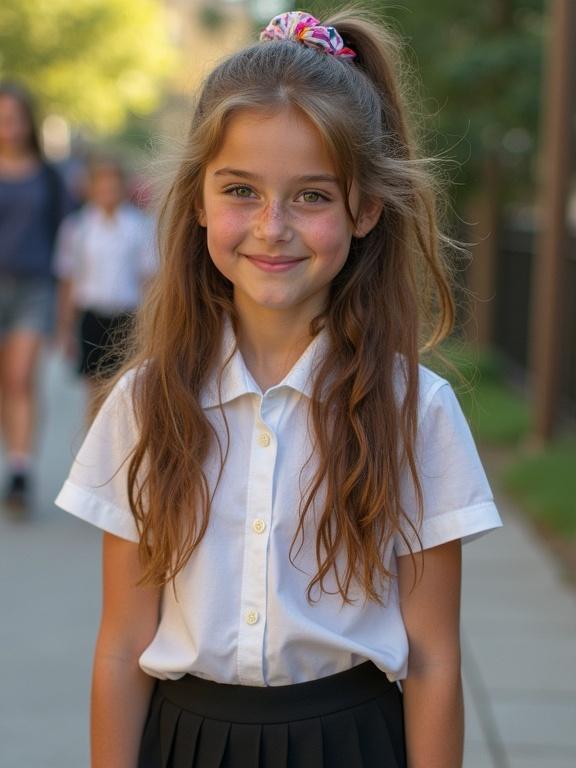 Girl with long wavy chestnut hair wearing a white blouse and pleated skirt. She has a scrunchie in her hair. Background shows a school environment. Her expression is joyful. She has hazel eyes and freckles. Image is slightly pixelated and colorful.