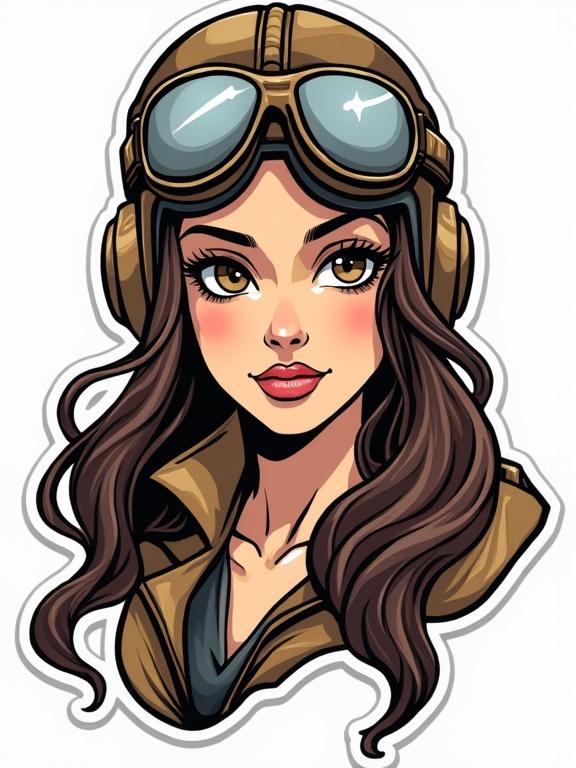 Sticker design of an aviator woman with a helmet and goggles. Featured in earthy tones with a grey outline. Highly detailed illustration.