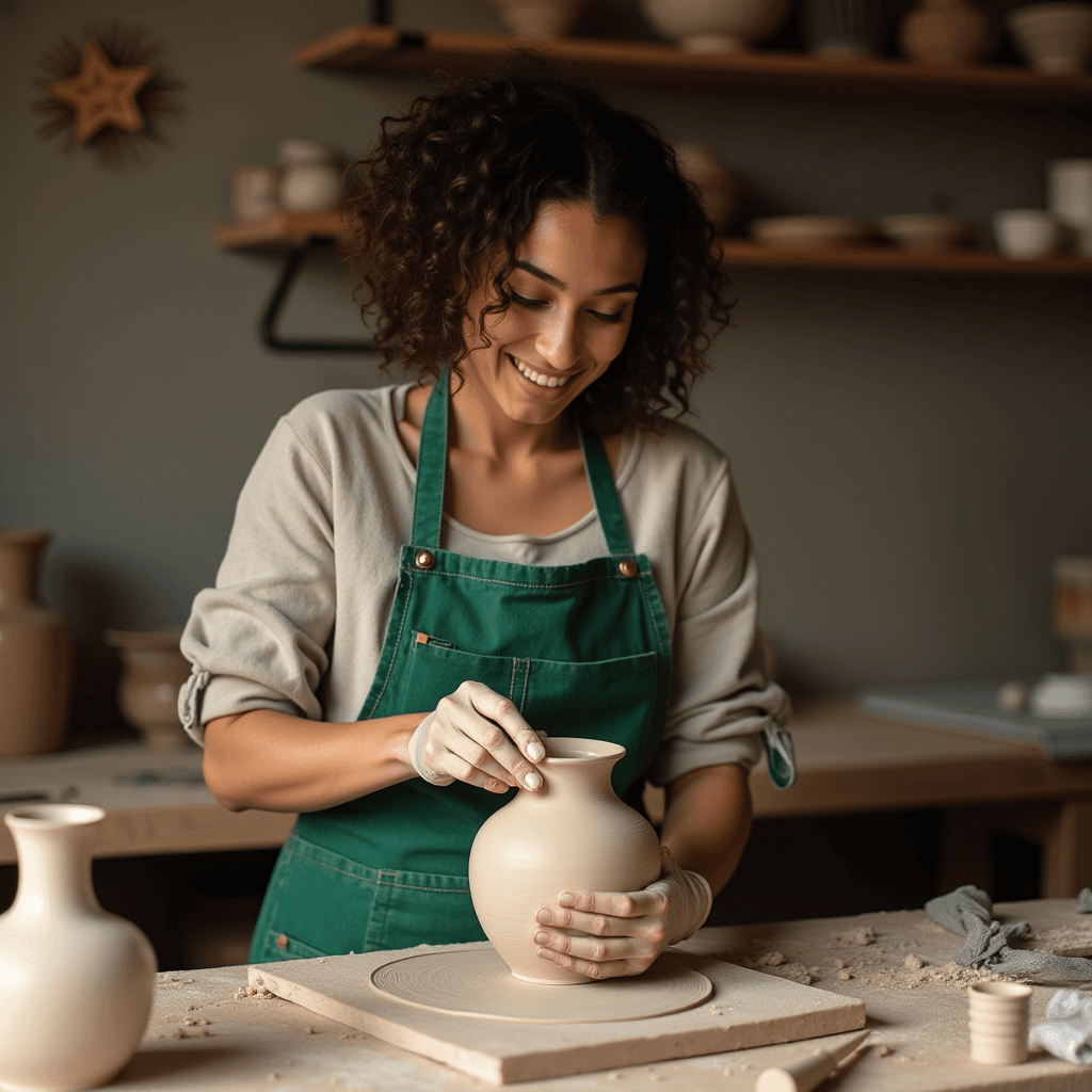 A person in a green apron joyfully shapes a ceramic pot in a pottery studio.